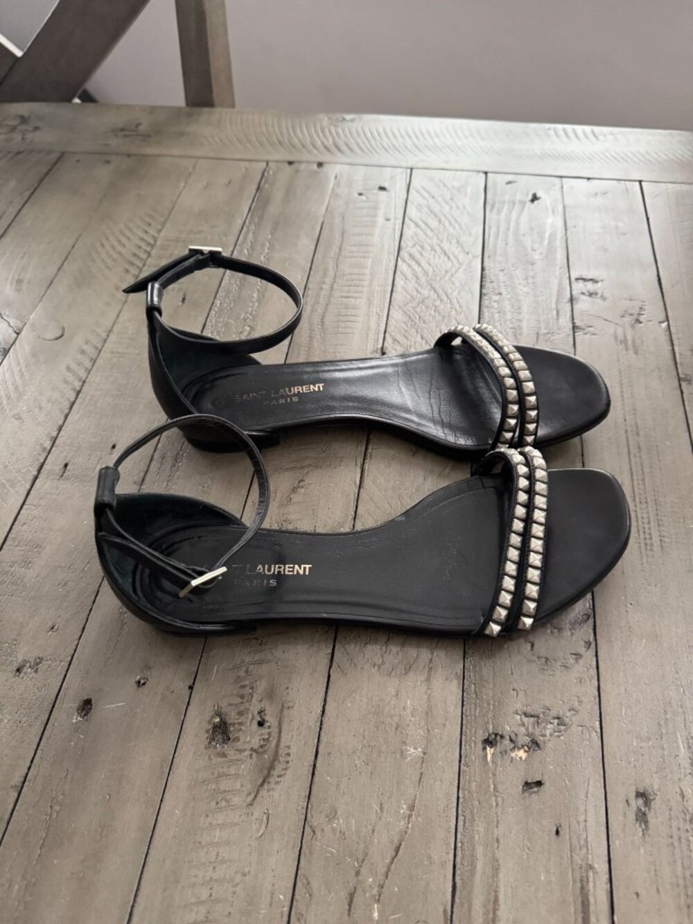 Saint Laurent Black Leather Ankle-Strap Sandals with Silver Studs - Picture 6 of 8